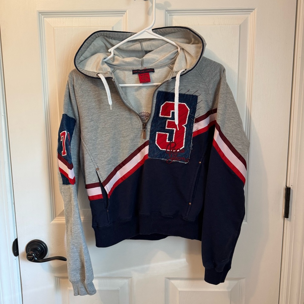 Pepe Jeans‎ London Y2K Vintage Gray Red and Navy Embroidered Women’s Hoodie M